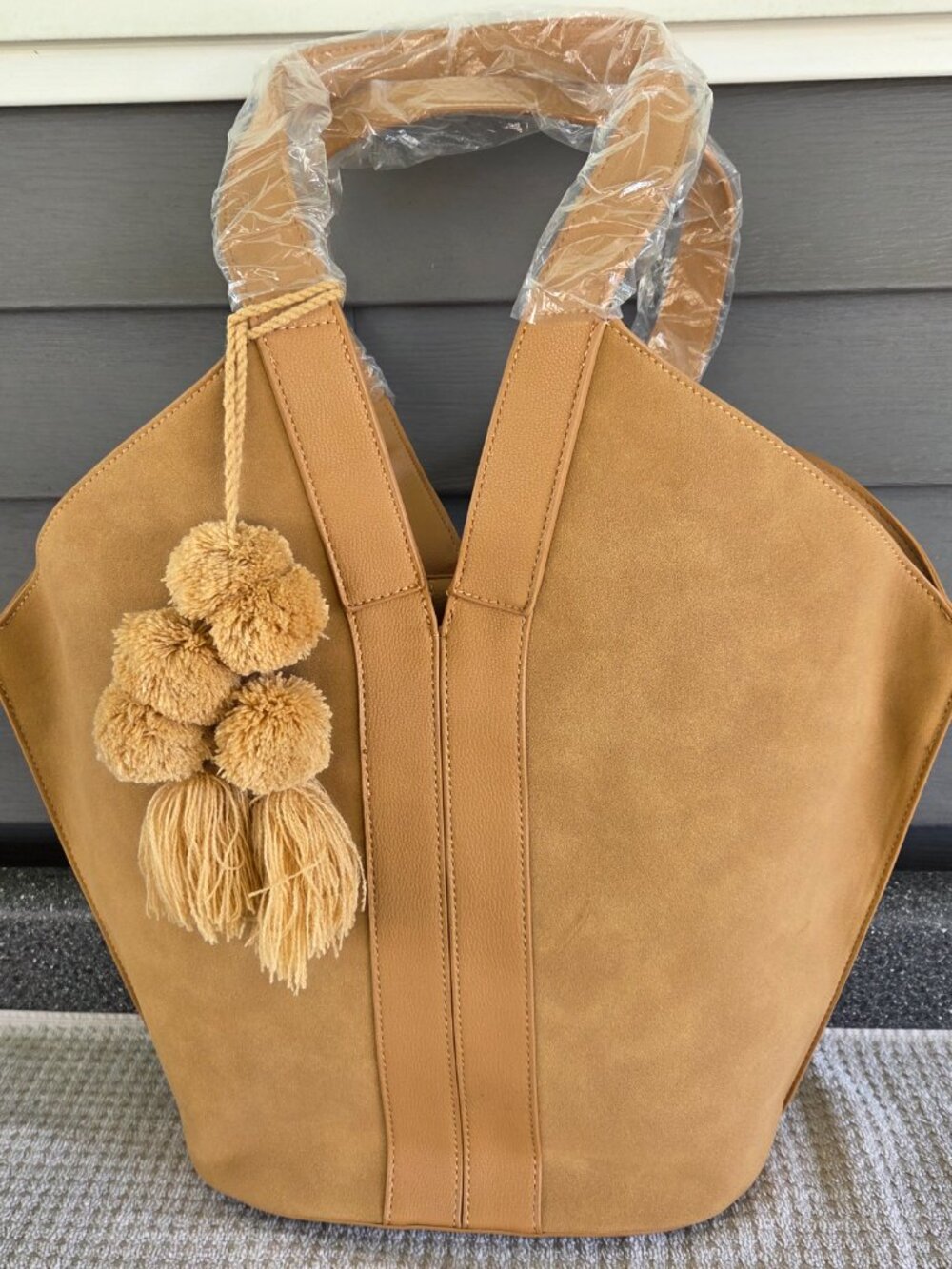 Venus Leather and Suede Bucket Purse Linen Interior Pom Pom 18"w x 21"l NWOT
